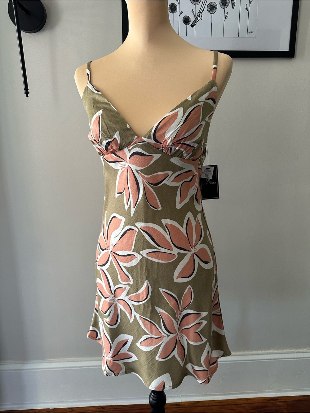 Volcom Olive Green Mini Dress with Pink Floral Print